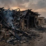 Charred ruins of a burned house and clinic in Narang Mandi, Sheikhupura, after a mob torched the Christian man's home over a blasphemy allegation October 2026