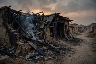 Charred ruins of a burned house and clinic in Narang Mandi, Sheikhupura, after a mob torched the Christian man's home over a blasphemy allegation October 2026