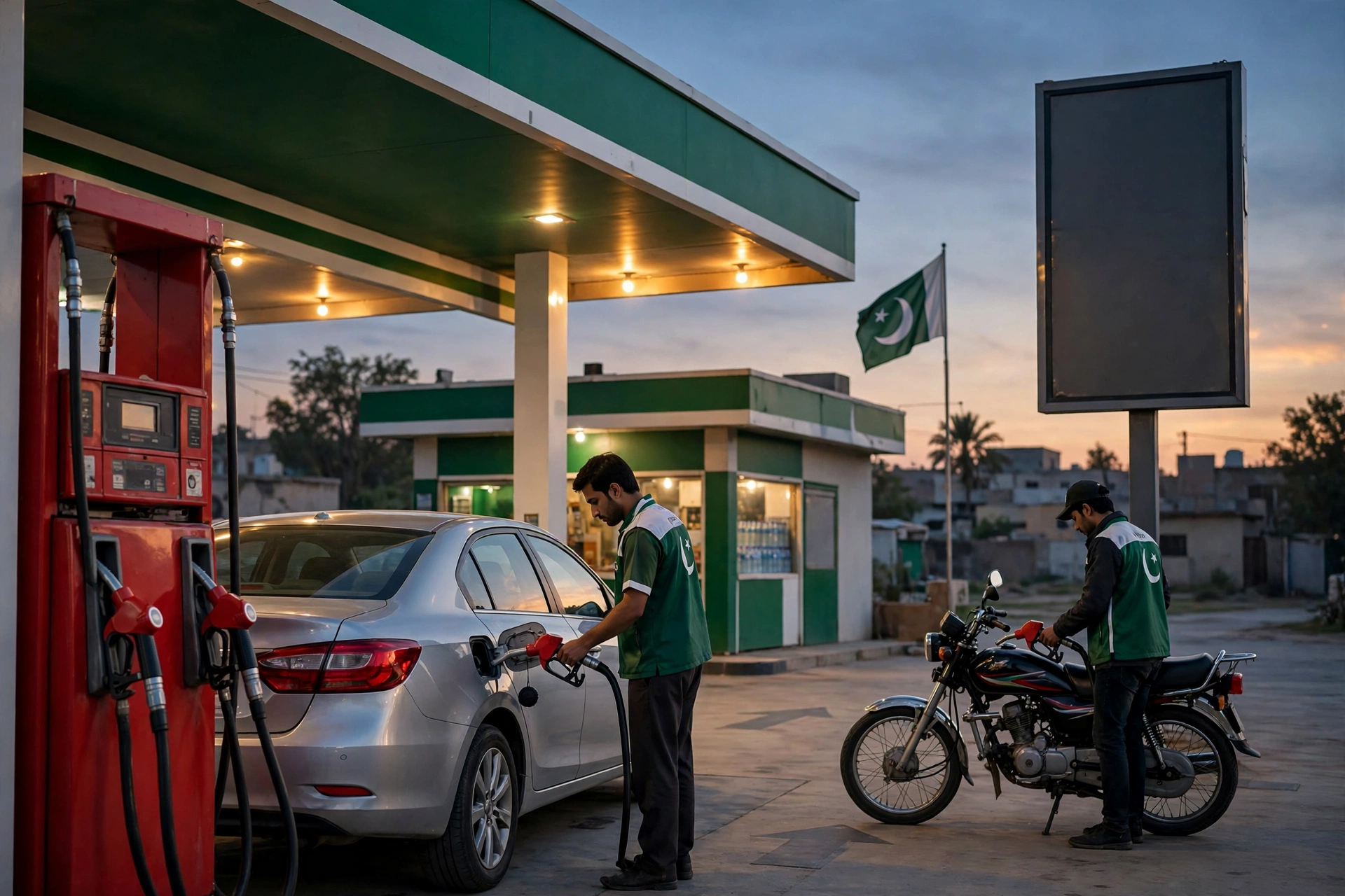 An editorial illustration of a petrol pump fuel station in Pakistan at dusk, with attendants refuelling a car and a motorcycle and a blank fuel-price display board, October 2026