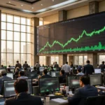 Traders at computer terminals in the Pakistan Stock Exchange hall in Karachi watching a large wall screen with a rising green index chart as the KSE-100 rallies on October 15, 2026