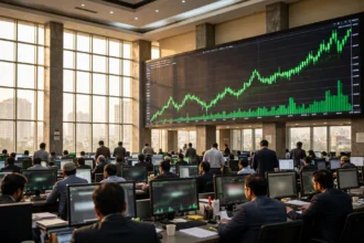 Traders at computer terminals in the Pakistan Stock Exchange hall in Karachi watching a large wall screen with a rising green index chart as the KSE-100 rallies on October 15, 2026