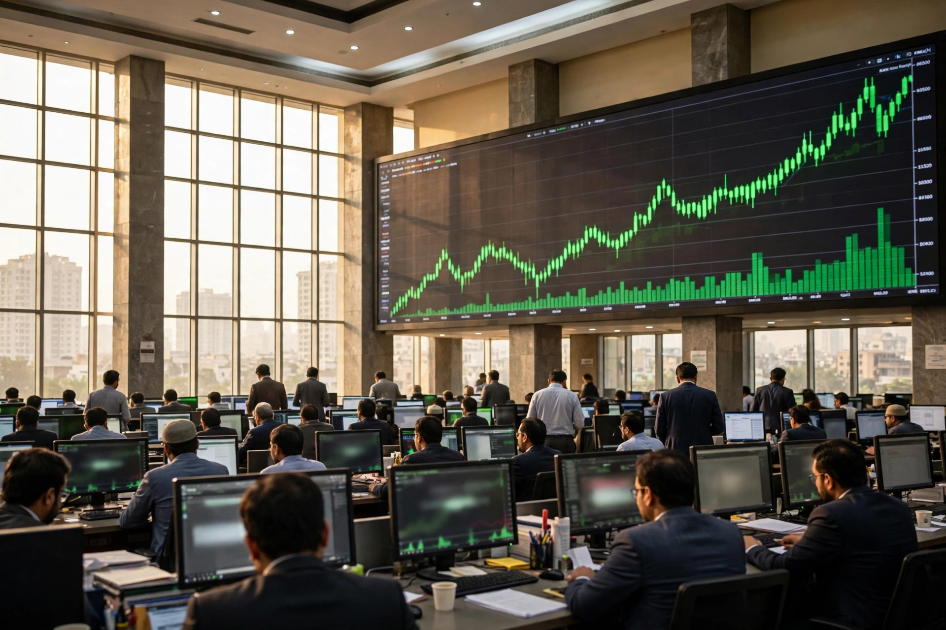 Traders at computer terminals in the Pakistan Stock Exchange hall in Karachi watching a large wall screen with a rising green index chart as the KSE-100 rallies on October 15, 2026