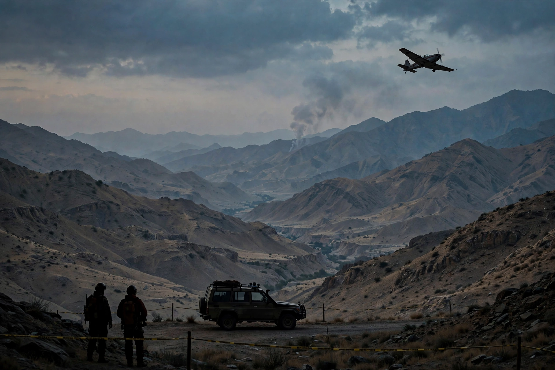 A trainer aircraft flying over mountains near Quetta with a distant column of smoke as two Pakistan Army pilots were martyred in a Mushshak crash in October 2026