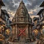 An editorial illustration of a historic Hindu temple with a carved stone spire in a bazaar street at dusk, with official red seals on its closed doors under a dramatic cloudy sky, October 2026
