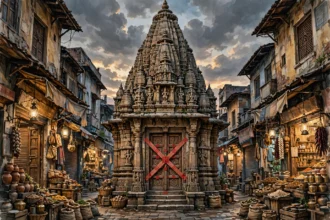 An editorial illustration of a historic Hindu temple with a carved stone spire in a bazaar street at dusk, with official red seals on its closed doors under a dramatic cloudy sky, October 2026
