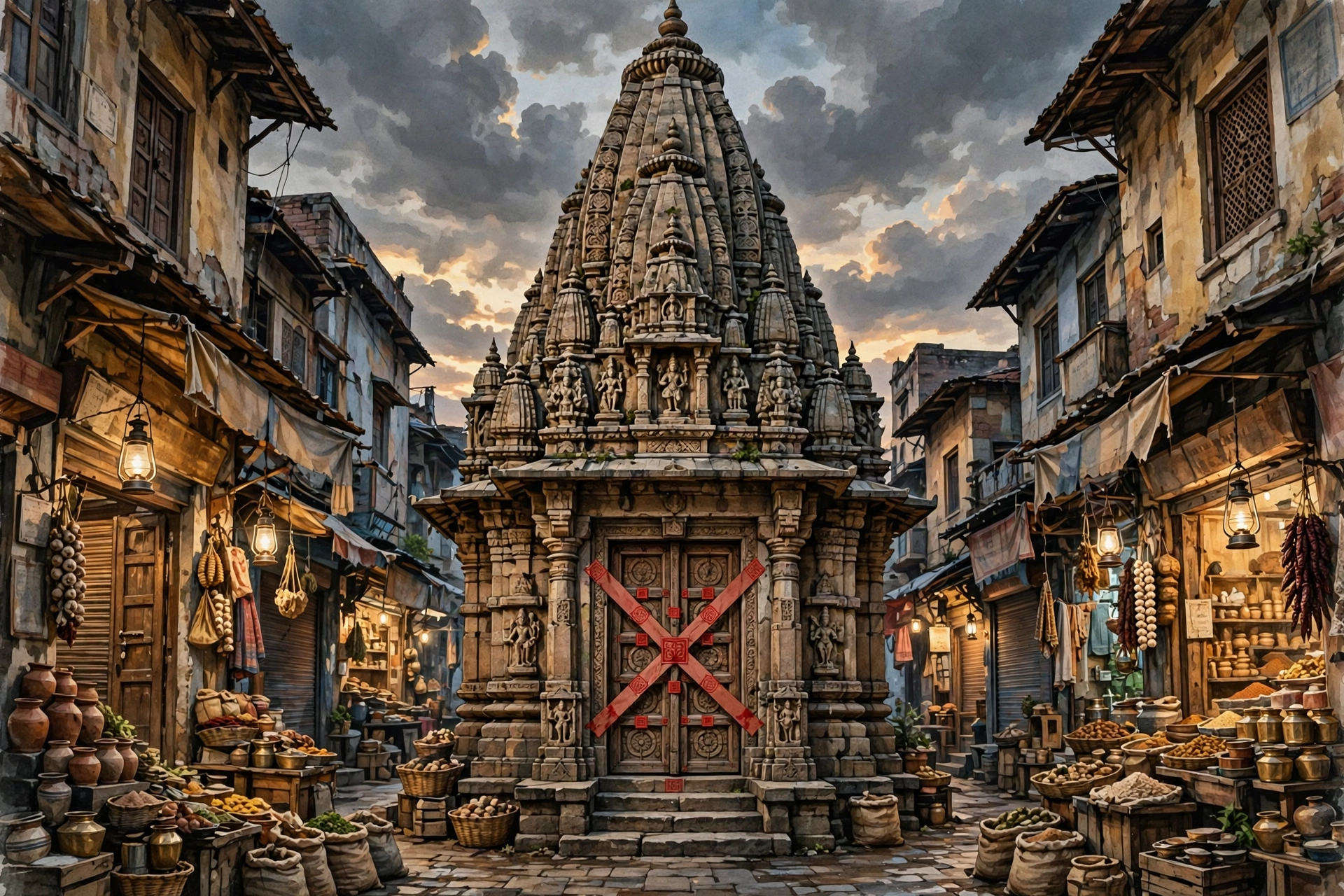 An editorial illustration of a historic Hindu temple with a carved stone spire in a bazaar street at dusk, with official red seals on its closed doors under a dramatic cloudy sky, October 2026