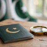 A dark green Pakistani passport booklet with a crescent and star beside a magnifying glass on a wooden desk, as Pakistan switches to e-passport-only issuance from October 15, 2026