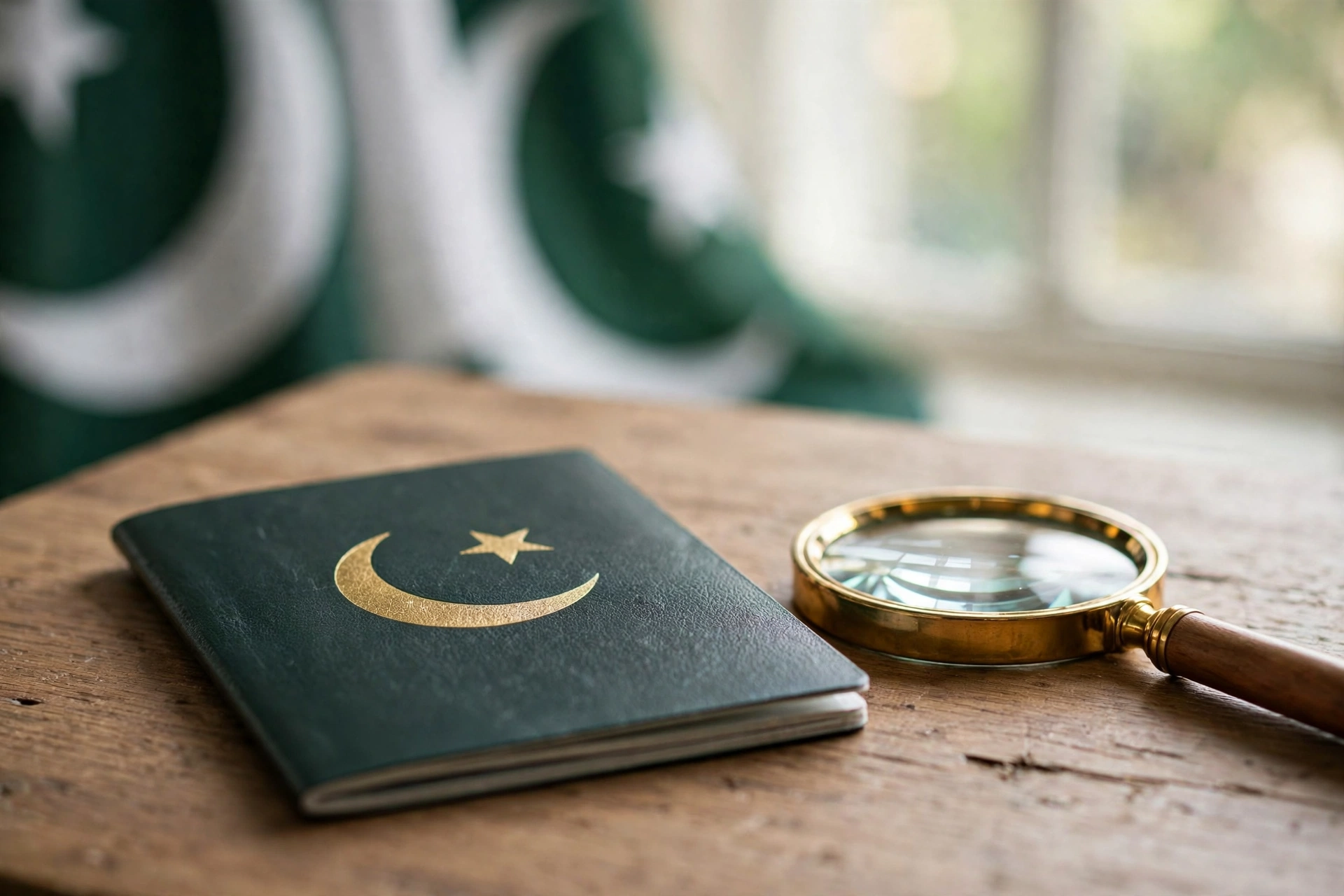 A dark green Pakistani passport booklet with a crescent and star beside a magnifying glass on a wooden desk, as Pakistan switches to e-passport-only issuance from October 15, 2026