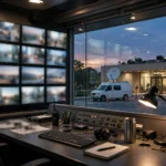 An editorial illustration of a Pakistani television news control room at dusk, with a producer's desk, a wall of blurred monitors, a satellite news van outside the studio building and the Pakistani flag waving, October 2026