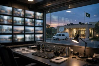 An editorial illustration of a Pakistani television news control room at dusk, with a producer's desk, a wall of blurred monitors, a satellite news van outside the studio building and the Pakistani flag waving, October 2026