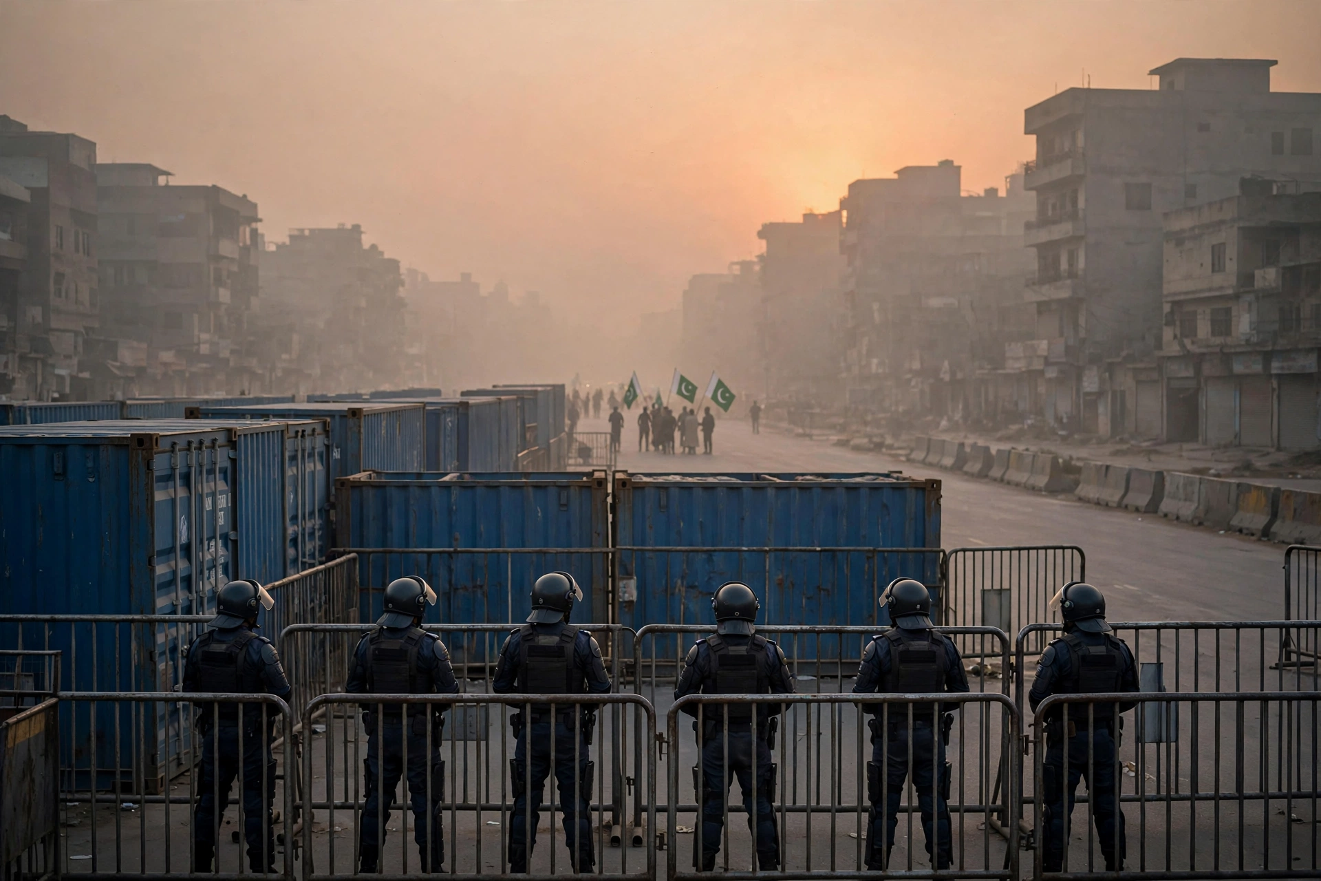 Police in riot gear behind barricades and shipping containers on a road at dawn as hundreds of PTI members are detained in Khyber Pakhtunkhwa after the emergency in October 2026