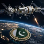 Chinese Tiangong space station module orbiting Earth at night with a rocket ascending as Pakistan nears its first astronaut mission in October 2026