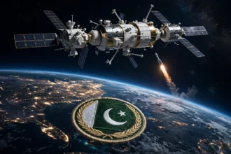 Chinese Tiangong space station module orbiting Earth at night with a rocket ascending as Pakistan nears its first astronaut mission in October 2026