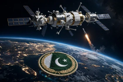 Chinese Tiangong space station module orbiting Earth at night with a rocket ascending as Pakistan nears its first astronaut mission in October 2026
