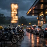 Motorcycles and cars refuelling at a petrol pump at dusk while a blurred fuel price signboard glows behind them as fuel costs squeeze household budgets in Pakistan in October 2026