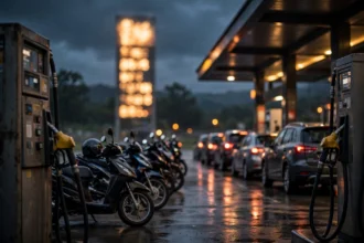 Motorcycles and cars refuelling at a petrol pump at dusk while a blurred fuel price signboard glows behind them as fuel costs squeeze household budgets in Pakistan in October 2026