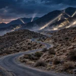 An editorial illustration of a remote mountainous highway in Balochistan at dusk, with an empty winding road through rocky hills and distant searchlight beams sweeping the mountainside, October 2026