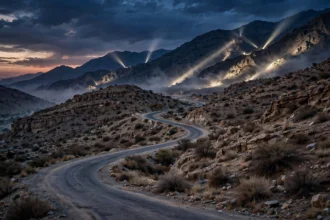 An editorial illustration of a remote mountainous highway in Balochistan at dusk, with an empty winding road through rocky hills and distant searchlight beams sweeping the mountainside, October 2026