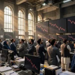 Traders in a Karachi stock exchange hall watching large screens with falling red trend lines as the KSE-100 index loses 1,066 points in a week October 2026