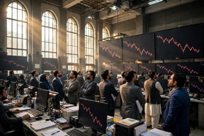 Traders in a Karachi stock exchange hall watching large screens with falling red trend lines as the KSE-100 index loses 1,066 points in a week October 2026