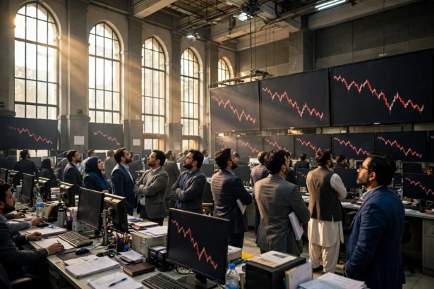 Traders in a Karachi stock exchange hall watching large screens with falling red trend lines as the KSE-100 index loses 1,066 points in a week October 2026
