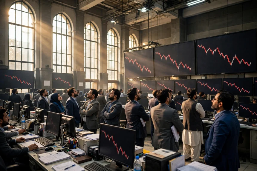 Traders in a Karachi stock exchange hall watching large screens with falling red trend lines as the KSE-100 index loses 1,066 points in a week October 2026