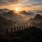 Pakistan Army soldiers patrolling the mountains of North Waziristan at sunrise