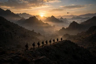 Pakistan Army soldiers patrolling the mountains of North Waziristan at sunrise