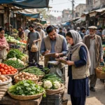 Officials checking food prices at a vegetable market in Pakistan