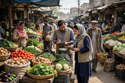 Officials checking food prices at a vegetable market in Pakistan