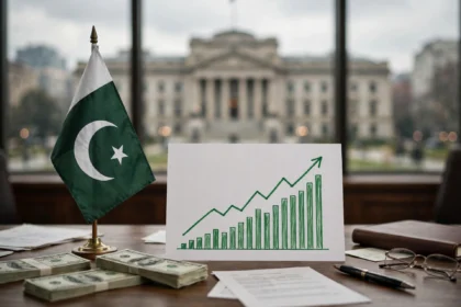 Pakistan IMF agreement with rising economic chart and US dollars
