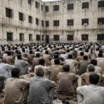Overcrowded prison yard in Pakistan with inmates awaiting trial