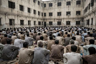 Overcrowded prison yard in Pakistan with inmates awaiting trial