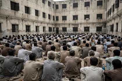 Overcrowded prison yard in Pakistan with inmates awaiting trial