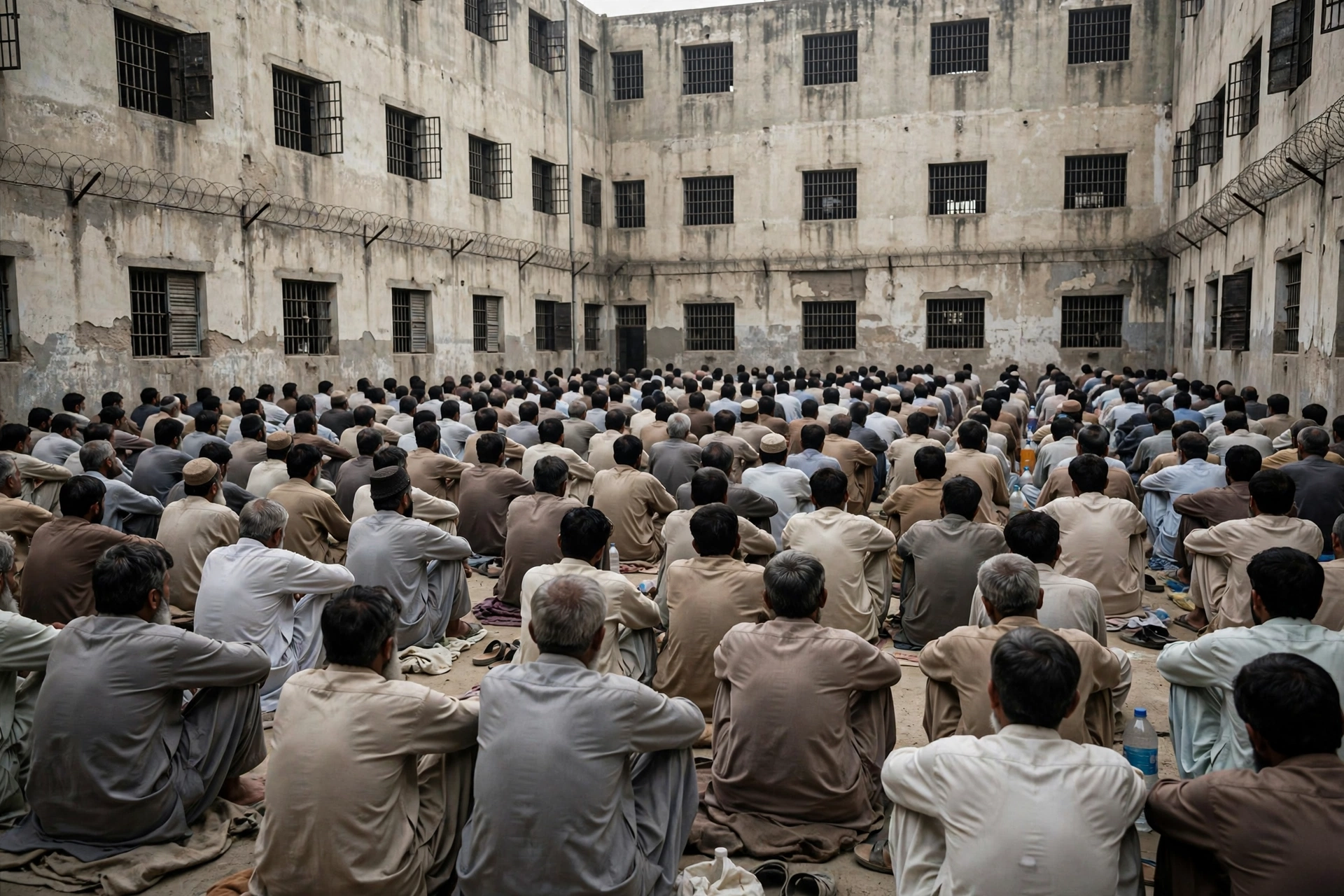 Overcrowded prison yard in Pakistan with inmates awaiting trial