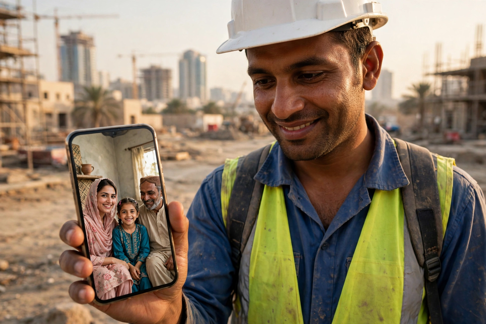 Overseas Pakistani worker sending remittances home to family in Pakistan