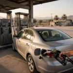 Petrol pump filling a car in Pakistan as fuel prices rise
