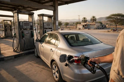 Petrol pump filling a car in Pakistan as fuel prices rise