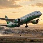 Boeing 787 Dreamliner in Pakistan airline colours taking off at sunset