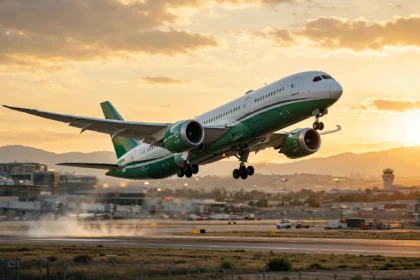 Boeing 787 Dreamliner in Pakistan airline colours taking off at sunset