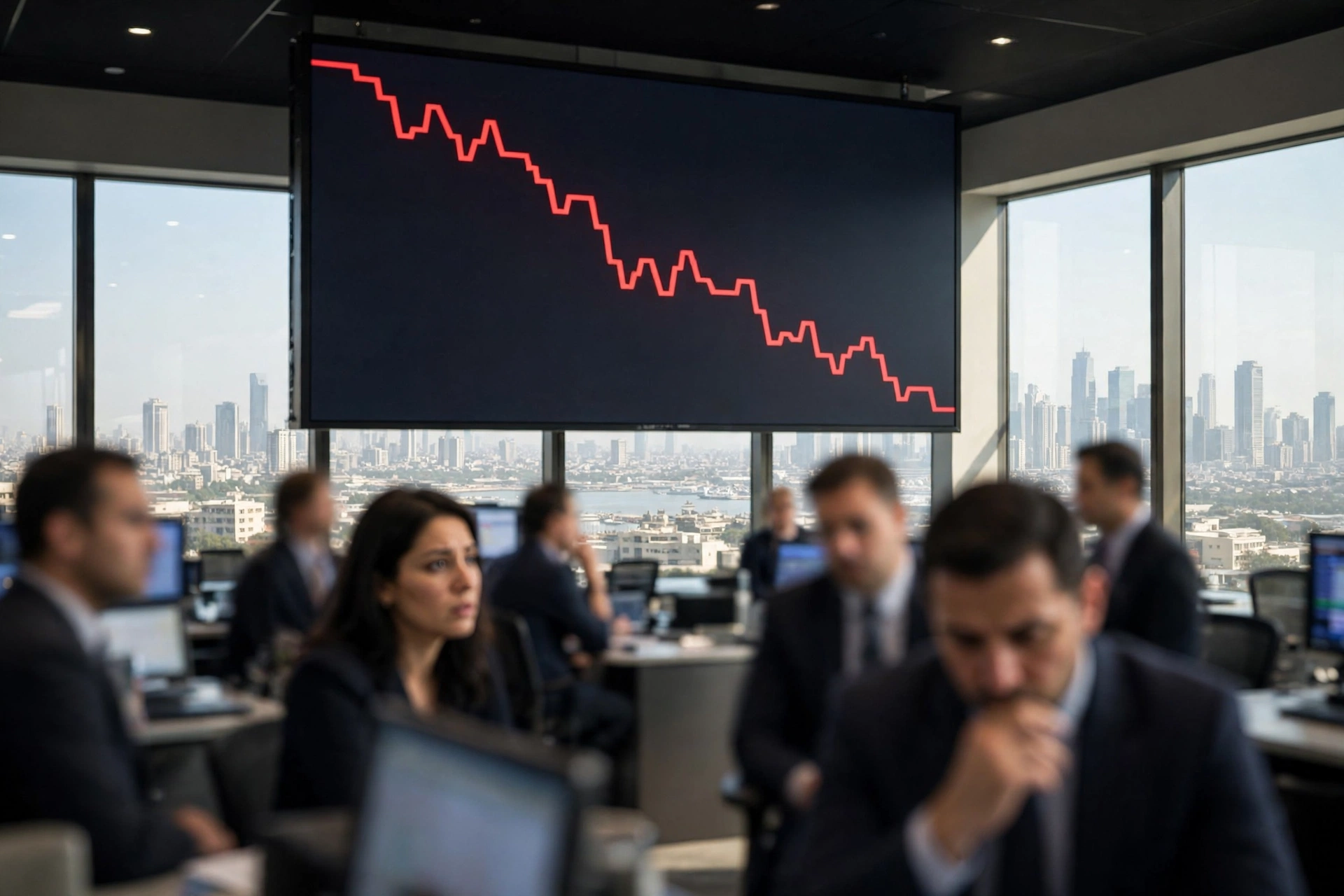 Red falling stock chart on a screen at the Pakistan Stock Exchange