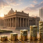 An editorial illustration of a central bank building at dawn with the Pakistani national flag waving beside it and stacks of banknotes and coins forming a rising bar chart in the foreground, October 2026
