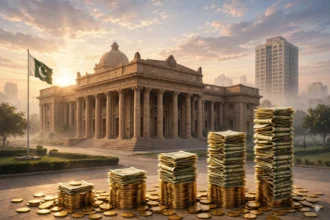 An editorial illustration of a central bank building at dawn with the Pakistani national flag waving beside it and stacks of banknotes and coins forming a rising bar chart in the foreground, October 2026