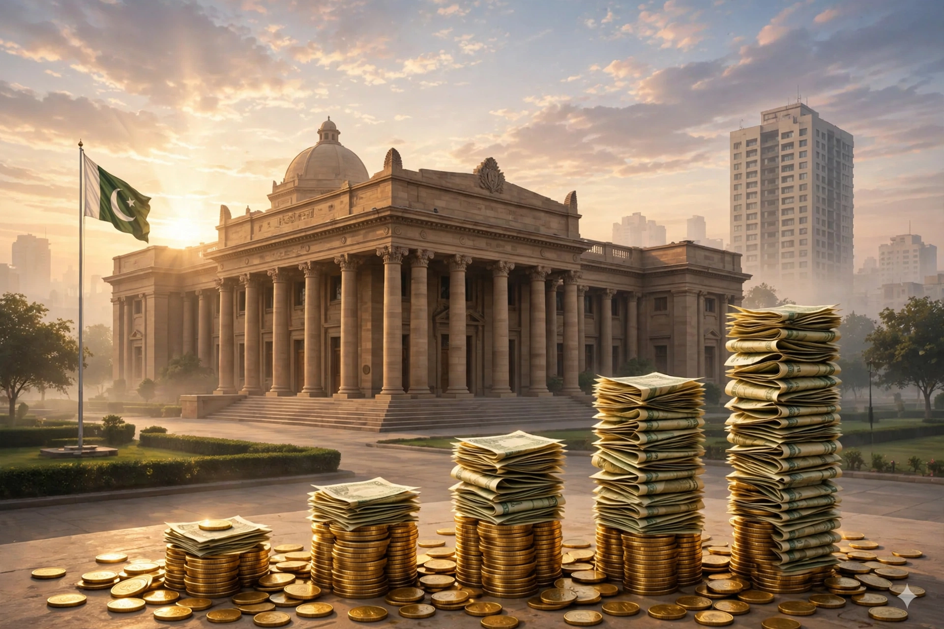 An editorial illustration of a central bank building at dawn with the Pakistani national flag waving beside it and stacks of banknotes and coins forming a rising bar chart in the foreground, October 2026