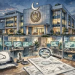 An editorial illustration of a modern Pakistani tax office building at dusk with the crescent-and-star emblem, glowing monitors showing digital tax documents, a magnifying glass over a tax form and an official stamp on a desk, October 2026