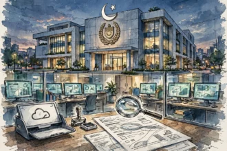 An editorial illustration of a modern Pakistani tax office building at dusk with the crescent-and-star emblem, glowing monitors showing digital tax documents, a magnifying glass over a tax form and an official stamp on a desk, October 2026