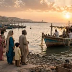 Fishing boat returning to Karachi harbour as families wait on the shore