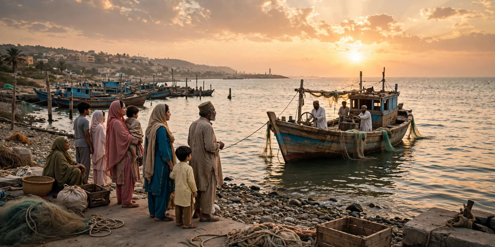 Fishing boat returning to Karachi harbour as families wait on the shore