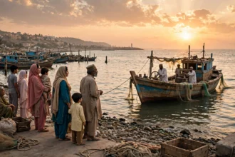 Fishing boat returning to Karachi harbour as families wait on the shore
