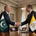 Pakistan and Vatican flags at a diplomatic meeting in Islamabad